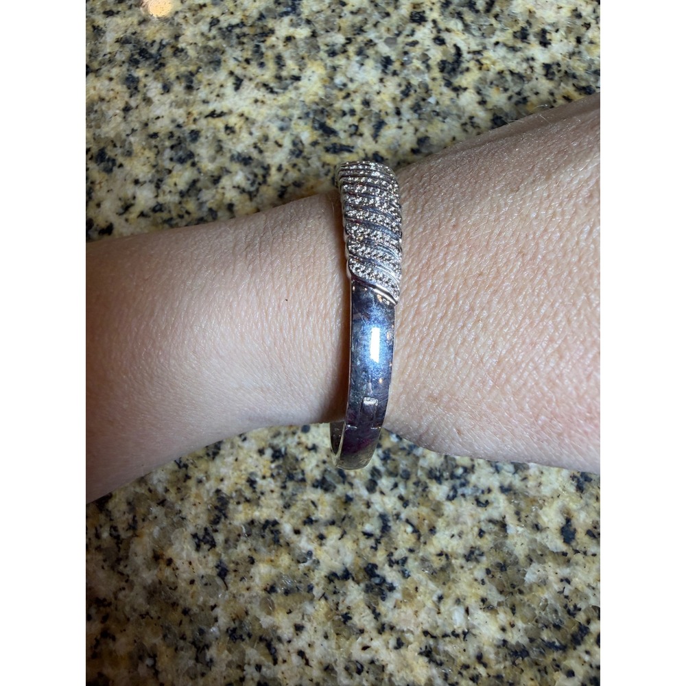 Silver Tone Pavé Ribbed Hinged Bangle Bracelet with Safety Clasp - Picture 2 of 8